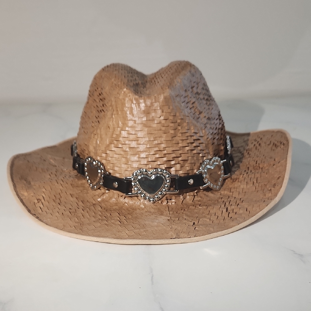 Brown Straw like Cowboy Hat with Heart Accents